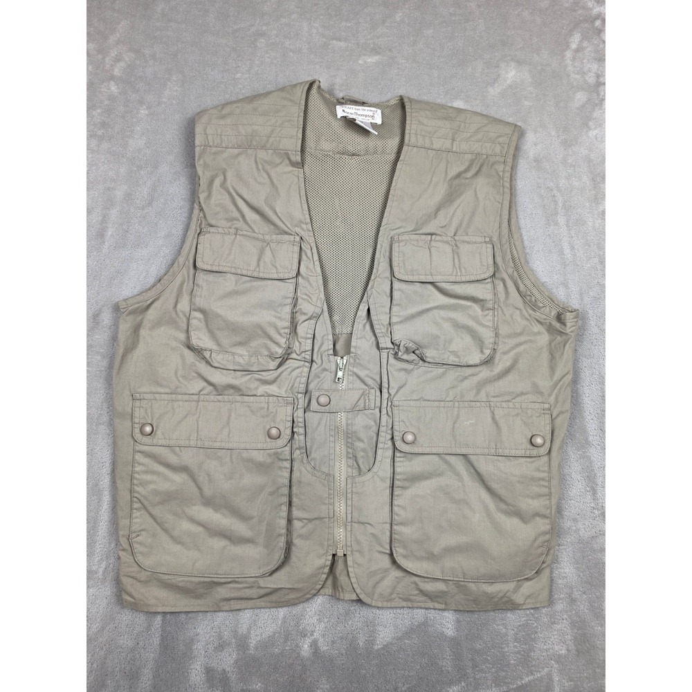 Vintage Norm Thompson Fishing Vest Mens M Khaki Multi Pocket Mesh Vented Back